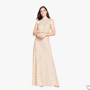 Adrianna Papell Art Deco Beaded Blouson Dress w/ Halter Neckline Champagne Gold